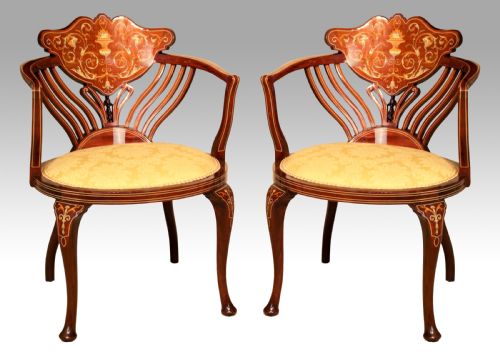 a quality pair of late victorian mahogany inlaid arm chairs - CATEGORY: ANTIQUE CHAIRS - DATED VICTORIAN
