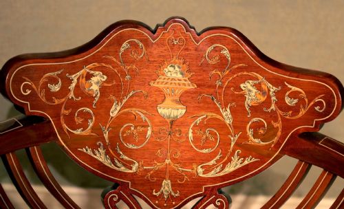 A QUALITY PAIR OF LATE VICTORIAN MAHOGANY INLAID ARM CHAIRS - ADDITIONAL PHOTO 2
