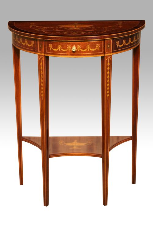 an exhibition quality late victorian mahogany inlaid demi lune table - CATEGORY: ANTIQUE TABLES - DATED VICTORIAN