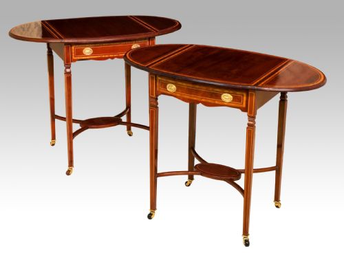 a quality pair of victorian mahogany inlaid drop leaf side tables - CATEGORY: ANTIQUE TABLES - DATED VICTORIAN