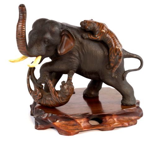 a japanese meiji period bronze of tigers and elephant - CATEGORY: ANTIQUE SCULPTURES - DATED 19TH CENTURY