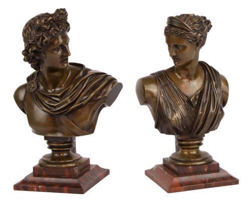 a pair of 19thc italian grand tour bronze busts of apollo diana - CATEGORY: ANTIQUE SCULPTURES - DATED 19TH CENTURY