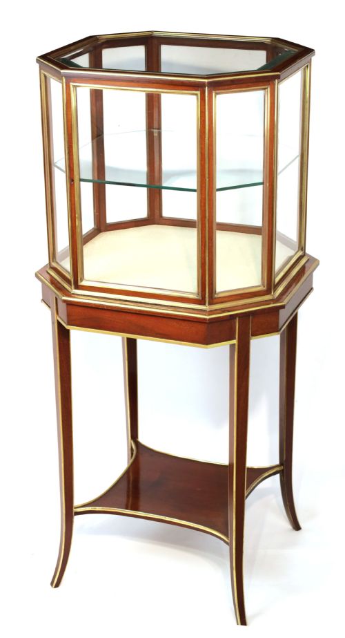 a quality victorian mahogany brass bound tiered canted display cabinet - CATEGORY: ANTIQUE CABINETS - DATED VICTORIAN