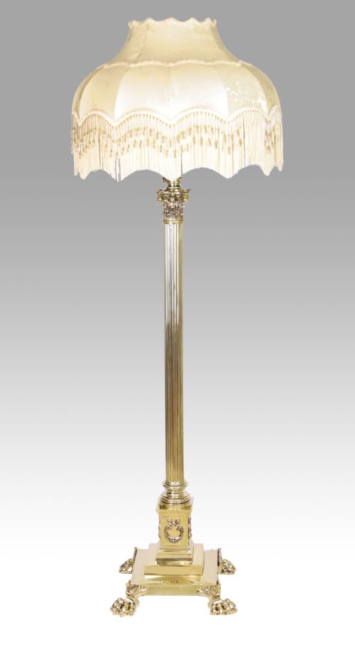 A Hinks & Sons Victorian Brass Corinthian Column Adjustable Floor Lamp
