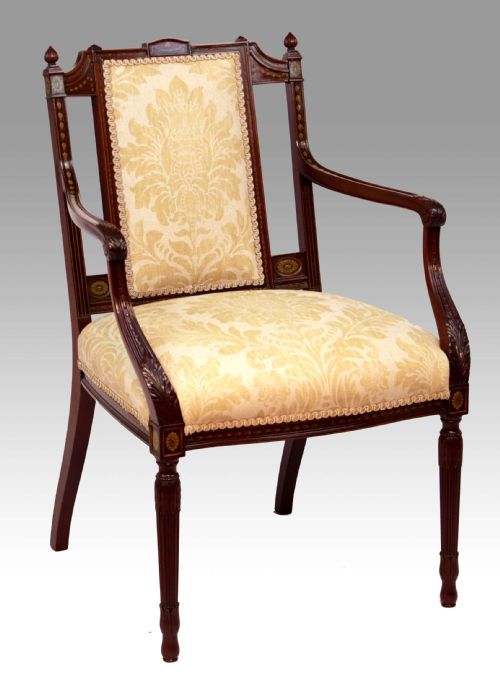 a excellent quality sheraton revival painted and carved upholstered mahogany armchair - CATEGORY: ANTIQUE CHAIRS - DATED VICTORIAN