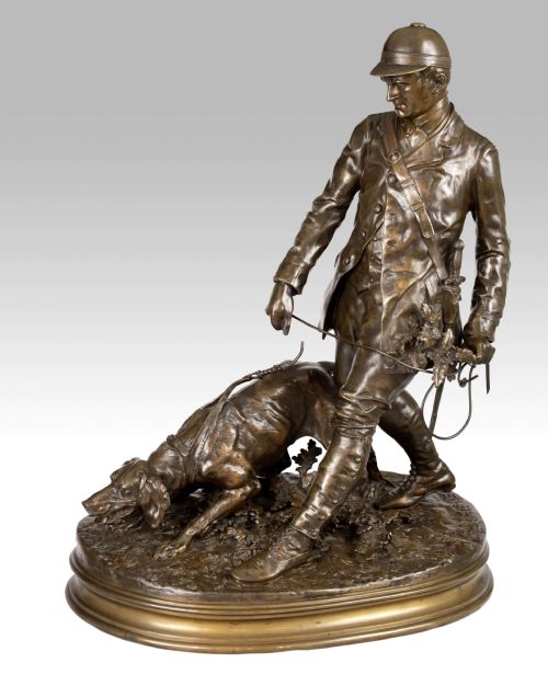pierre jules mene 1810 1879 hunter and dog bronze sculpture - CATEGORY: ANTIQUE SCULPTURES - DATED 19TH CENTURY