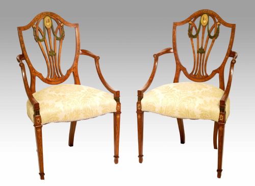 a fine pair of victorian inlaid satinwood shield back armchairs - CATEGORY: ANTIQUE CHAIRS - DATED VICTORIAN