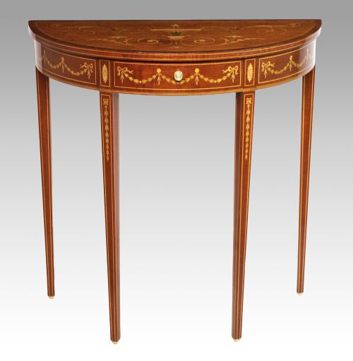 a late victorian mahogany inlaid demi lune side table - CATEGORY: ANTIQUE TABLES - DATED VICTORIAN