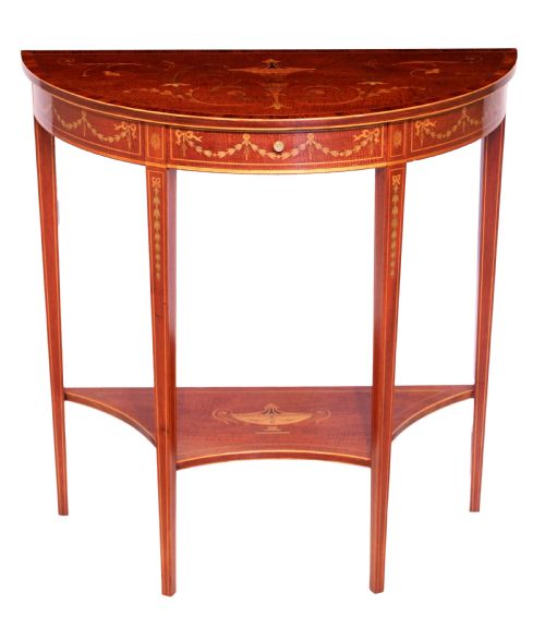 A QUALITY LATE VICTORIAN MAHOGANY INLAID DEMI LUNE TABLE - ADDITIONAL PHOTO 1