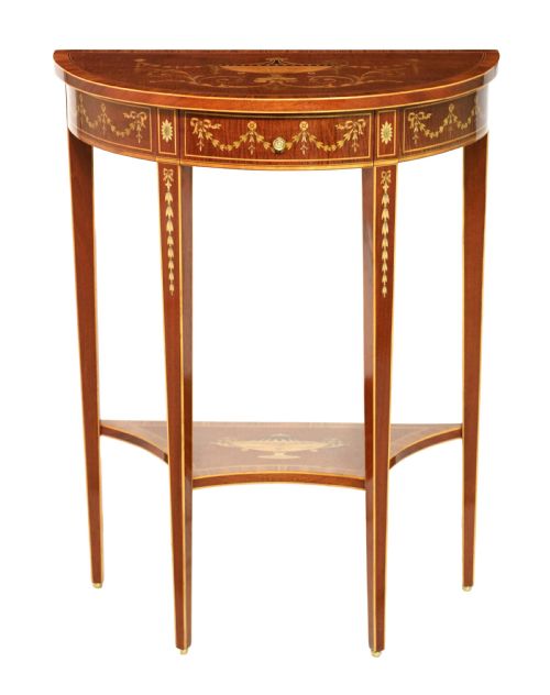 a late 19th century mahogany inlaid demilune table - CATEGORY: ANTIQUE TABLES - DATED 19TH CENTURY