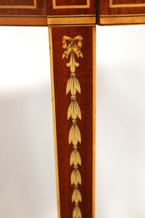A LATE 19TH CENTURY MAHOGANY INLAID DEMILUNE TABLE - ADDITIONAL PHOTO 3