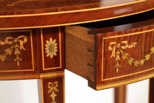 A LATE 19TH CENTURY MAHOGANY INLAID DEMILUNE TABLE - ADDITIONAL PHOTO 5