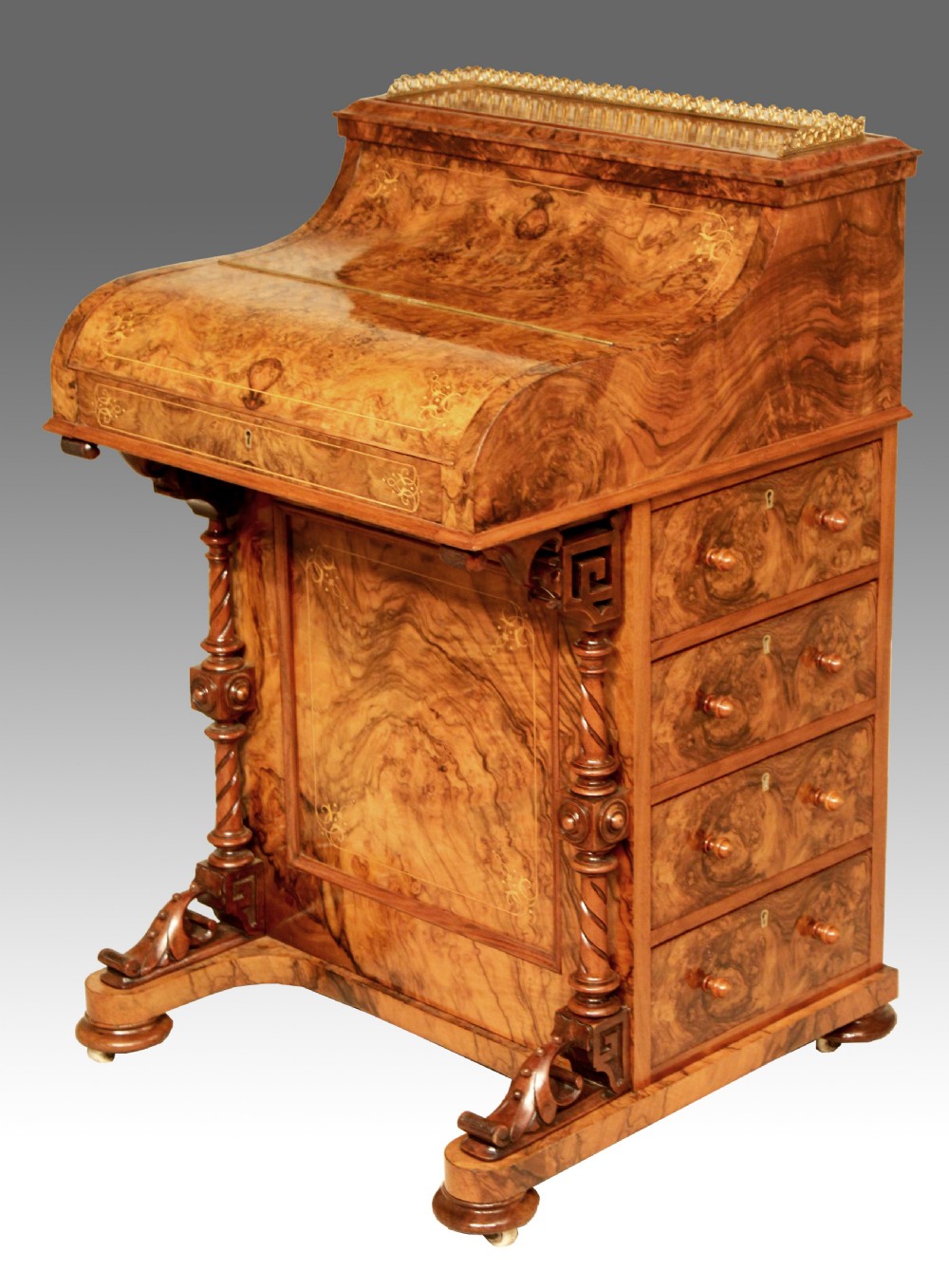 A Fine Quality Victorian Burr Walnut inlaid Piano Top, Pop up Davenport by James shoolbred & Co 