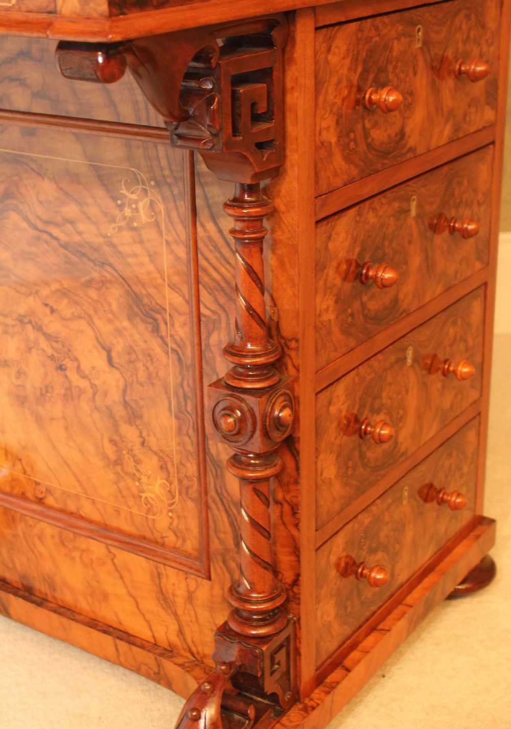 A Fine Quality Victorian Burr Walnut inlaid Piano Top, Pop up Davenport by James shoolbred & Co  View XV