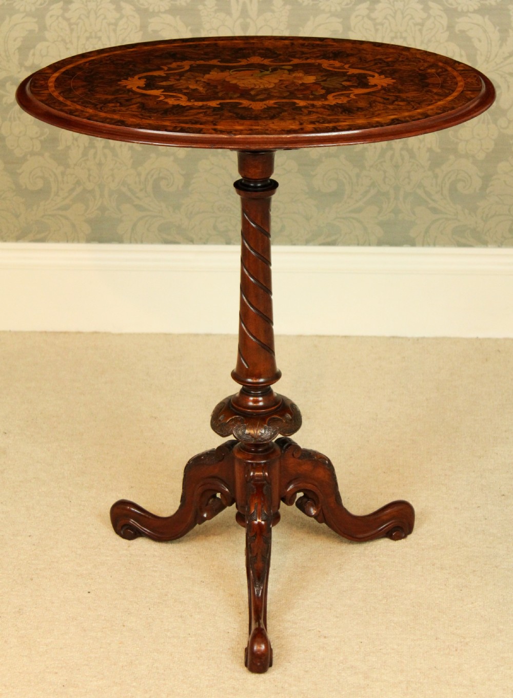 A Fine Victorian Burr Walnut Inlaid Oval Tripod Table View II