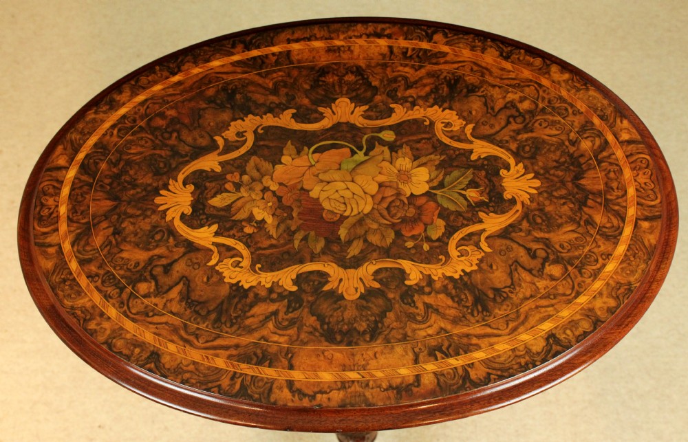 A Fine Victorian Burr Walnut Inlaid Oval Tripod Table View III