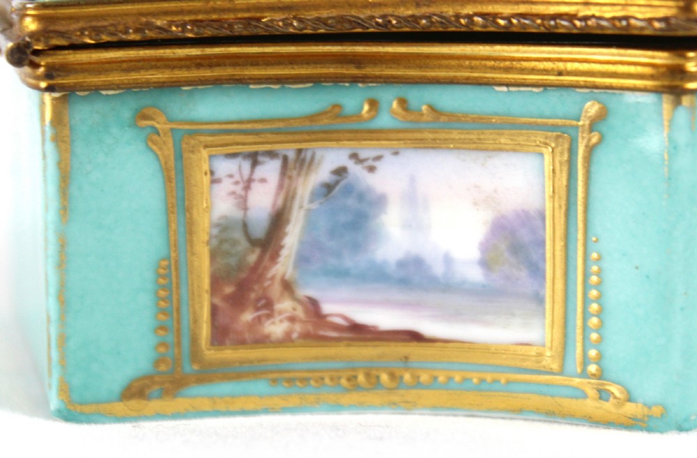 A Late 19th C. French Turquoise Ground Shield Shaped Small Box View V
