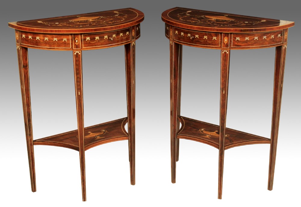 A Pair of Exhibition Quality Late Victorian Rosewood Inlaid Demi Lune Side Tables By Edwards & Roberts