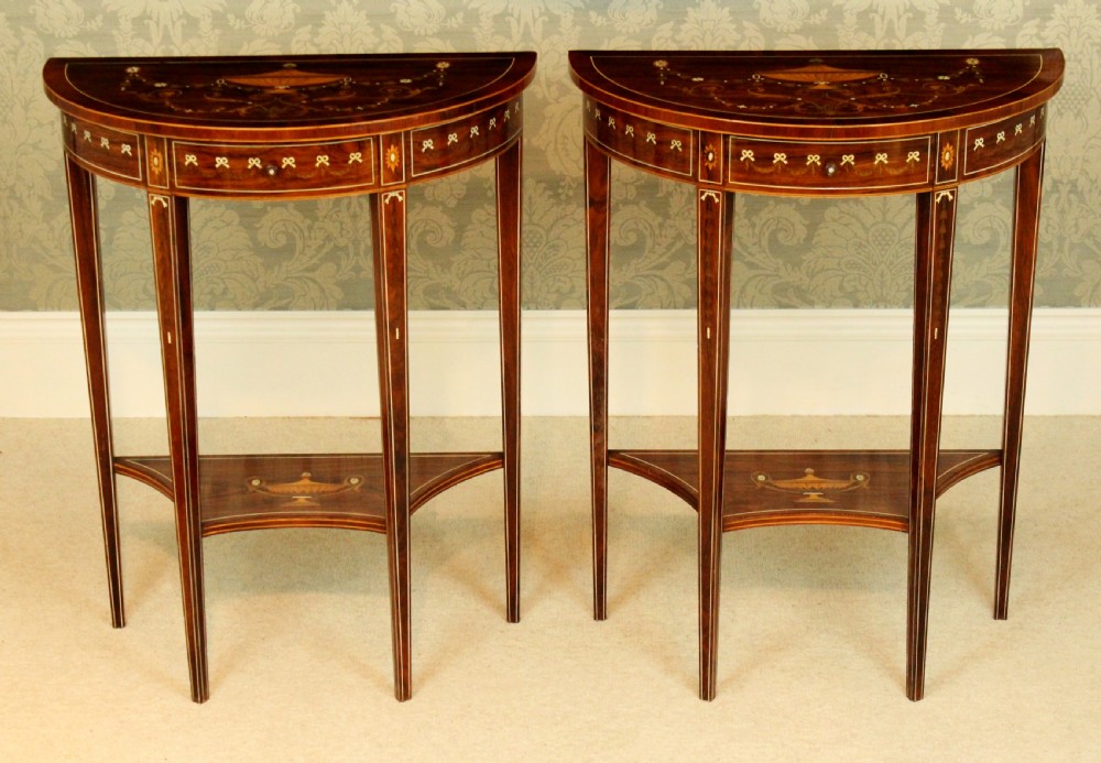 A Pair of Exhibition Quality Late Victorian Rosewood Inlaid Demi Lune Side Tables By Edwards & Roberts View II