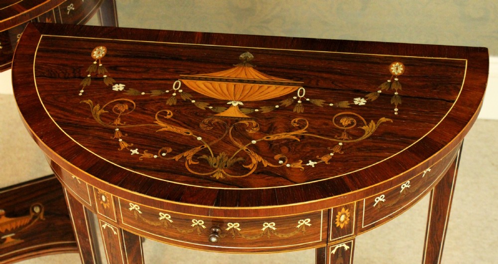 A Pair of Exhibition Quality Late Victorian Rosewood Inlaid Demi Lune Side Tables By Edwards & Roberts View III