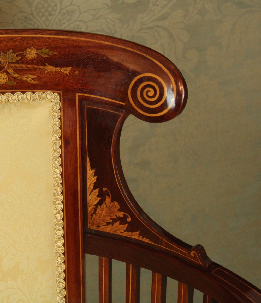 An Exquisite Late Victorian Mahogany Inlaid Upholstered Settee View IV