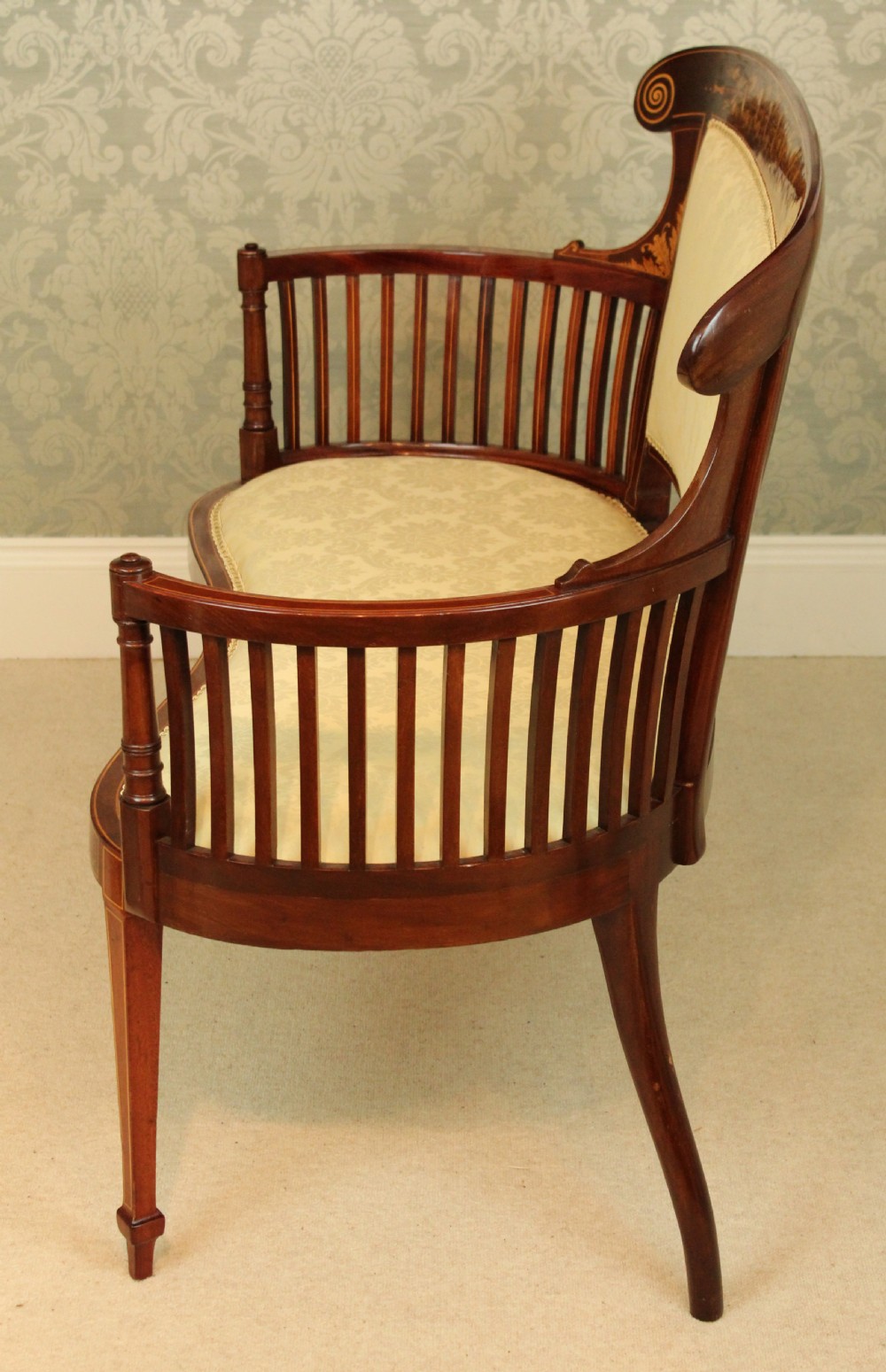 An Exquisite Late Victorian Mahogany Inlaid Upholstered Settee View VII