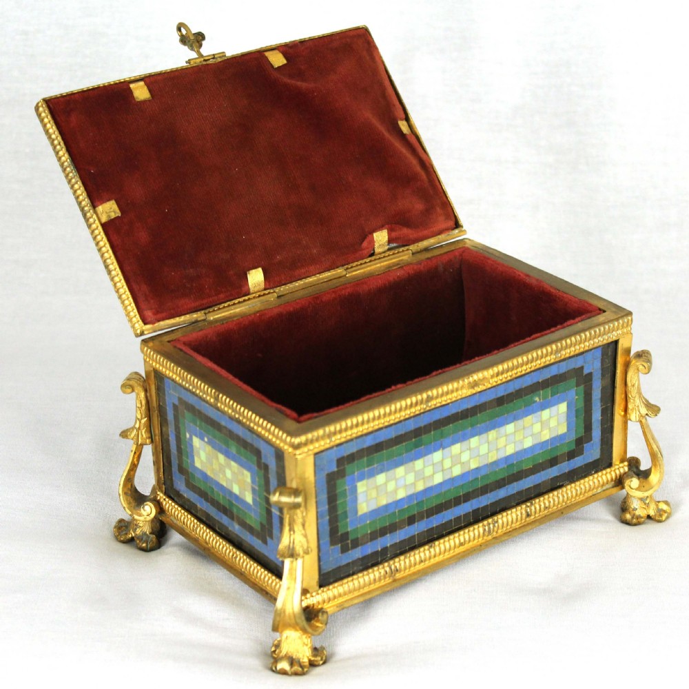 A Late 19th Century Italian Micro Mosaic and Ormolu box with red-lined interior. View II