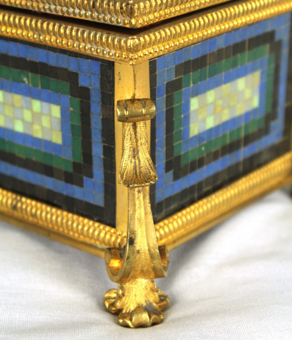 A Late 19th Century Italian Micro Mosaic and Ormolu box with red-lined interior. View III