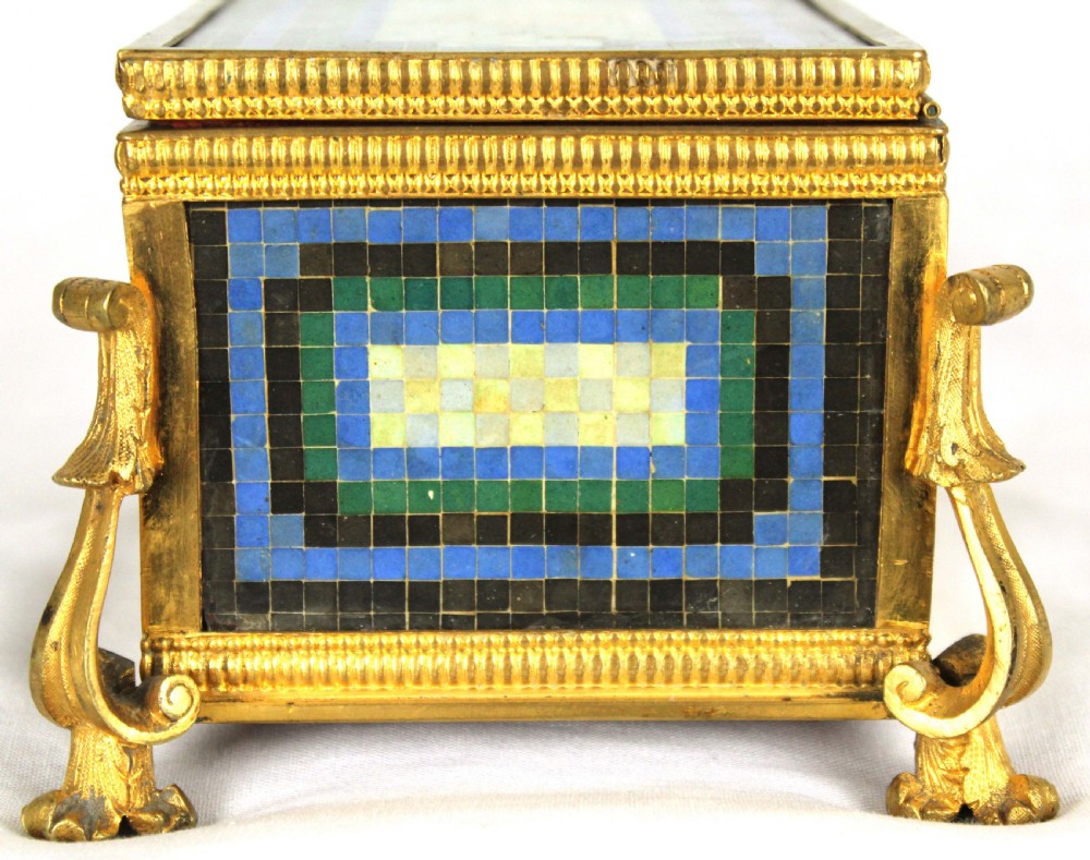 A Late 19th Century Italian Micro Mosaic and Ormolu box with red-lined interior. View IV