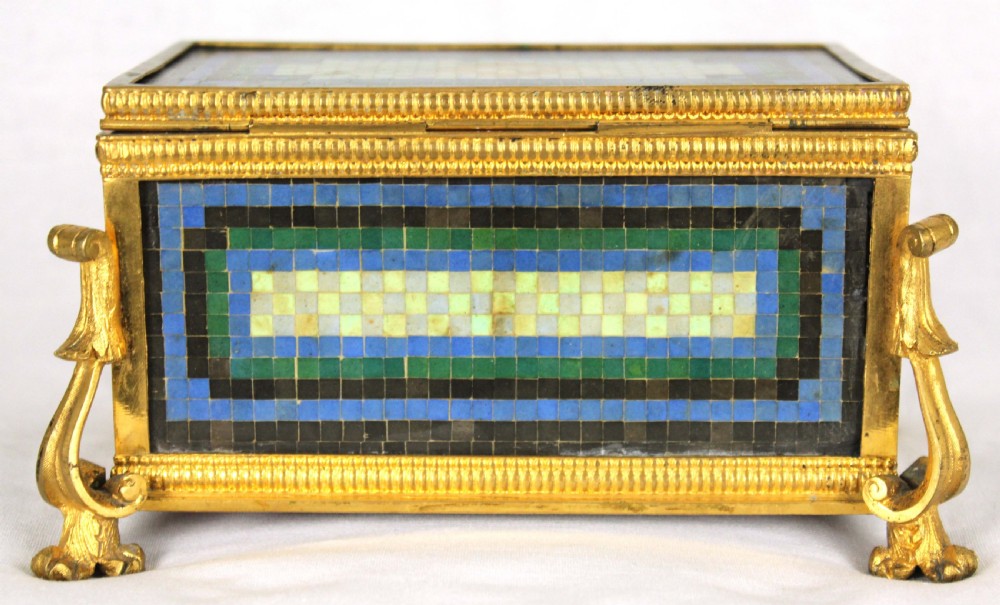 A Late 19th Century Italian Micro Mosaic and Ormolu box with red-lined interior. View V