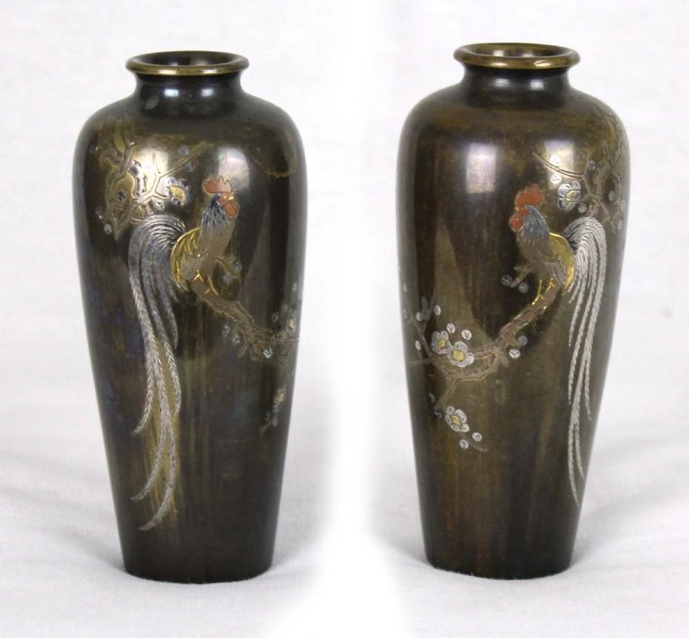 A Decorative Pair of Japanese Bronze Cockerel Vases
