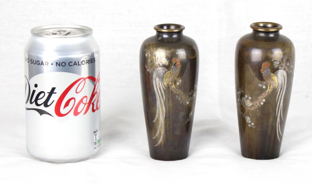 A Decorative Pair of Japanese Bronze Cockerel Vases View VIII
