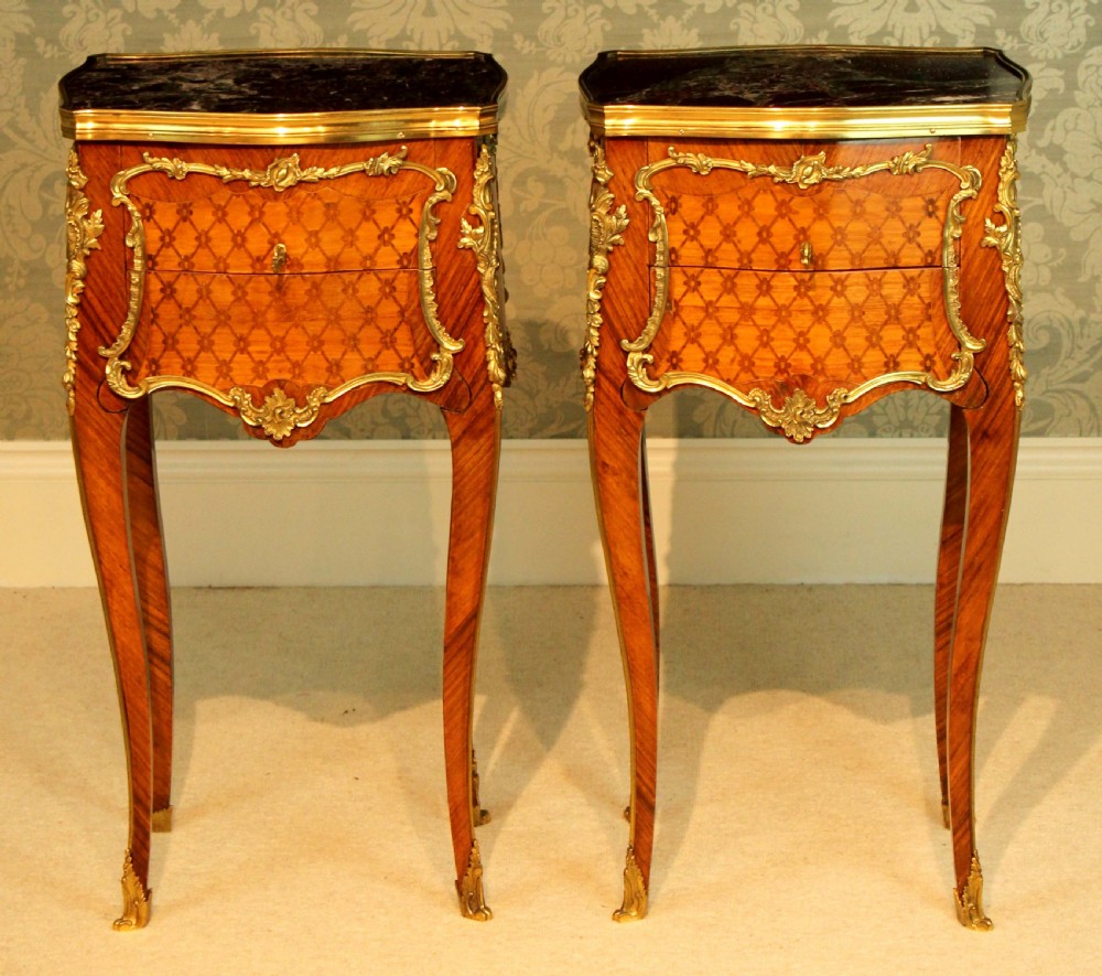 A Pair of Quality Early 20th Century French Kingwood Inlaid & Ormolu mounted Bedside Tables View II
