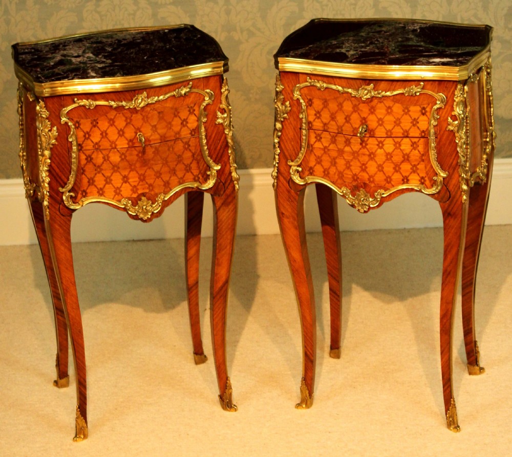 A Pair of Quality Early 20th Century French Kingwood Inlaid & Ormolu mounted Bedside Tables View III