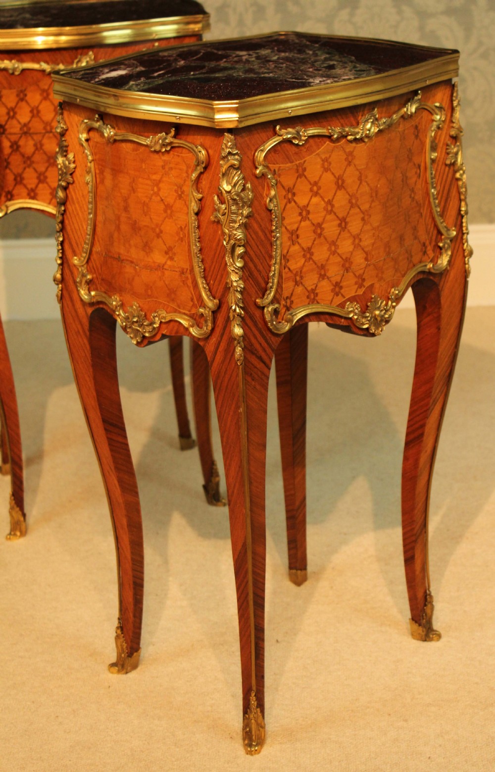 A Pair of Quality Early 20th Century French Kingwood Inlaid & Ormolu mounted Bedside Tables View VIII