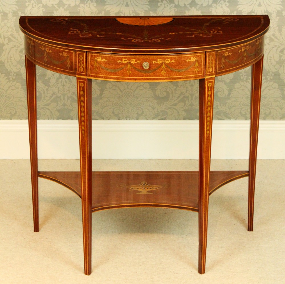 An Immaculate Quality Late Victorian Mahogany Inlaid Demilune Side Table View IV