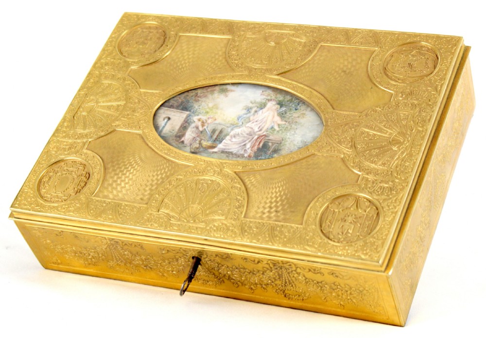 A Fine Late 19th C. French, Finely Engraved Gilt Metal Rectangular Ladies Dressing Casket