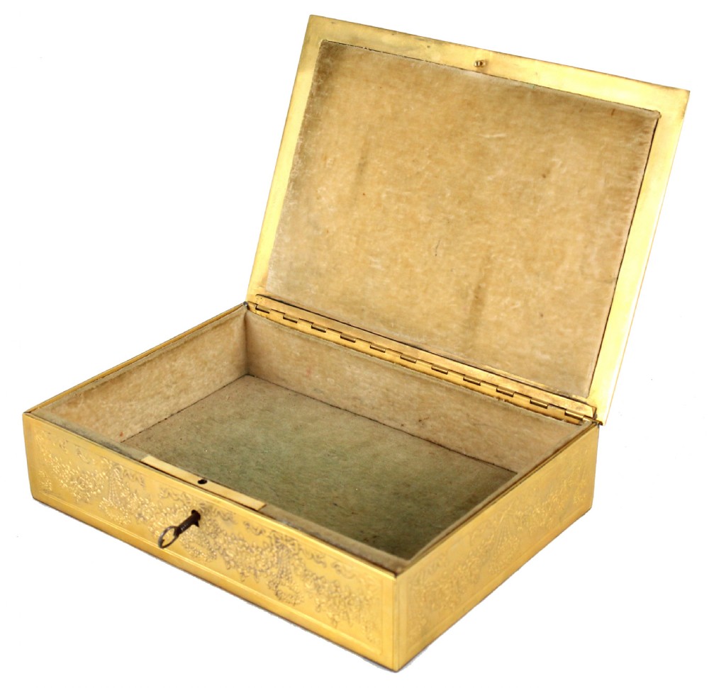 A Fine Late 19th C. French, Finely Engraved Gilt Metal Rectangular Ladies Dressing Casket View II