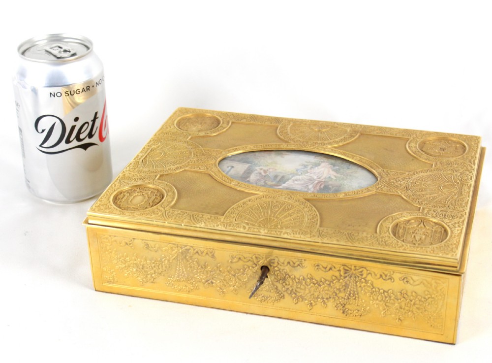 A Fine Late 19th C. French, Finely Engraved Gilt Metal Rectangular Ladies Dressing Casket View V