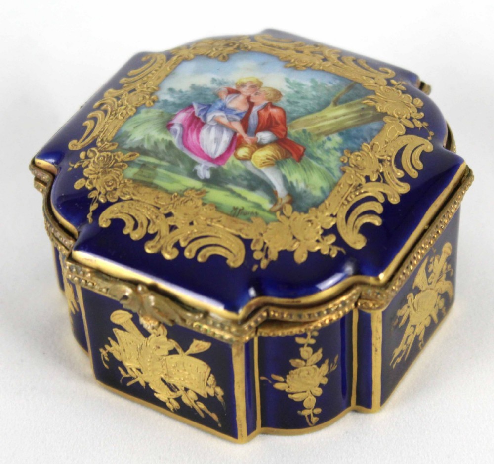 A Late 19th C. French Gros Bleu Porcelain Shaped Square Casket