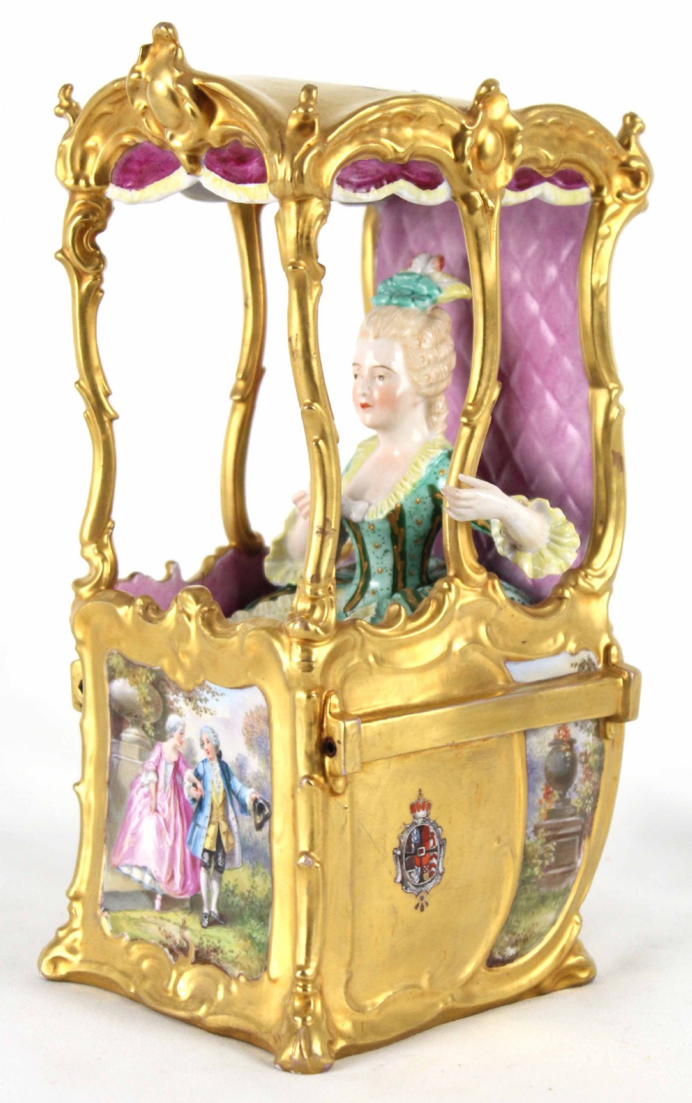 A Finely Detailed Late 19th C. Continental Porcelain Sedan Chair Figure Group