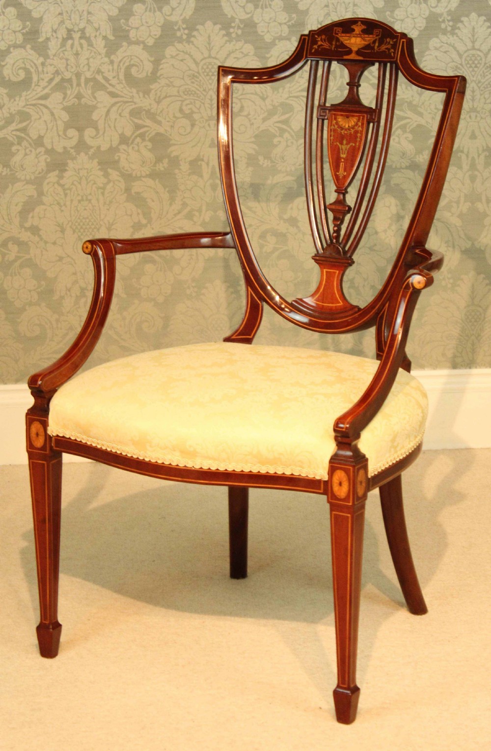 A Fine Late Victorian Mahogany Inlaid Shield Back Armchair by Maple & Co View II