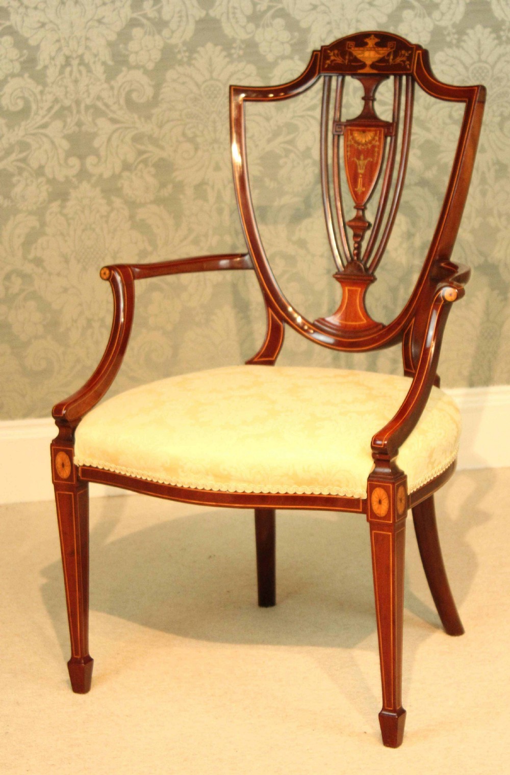 A Fine Late Victorian Mahogany Inlaid Shield Back Armchair by Maple & Co View III