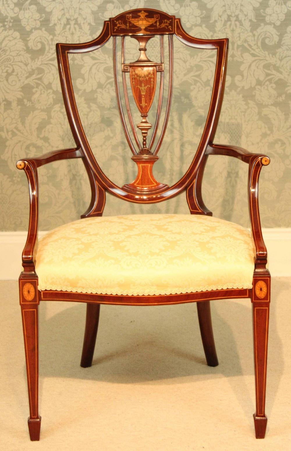 A Fine Late Victorian Mahogany Inlaid Shield Back Armchair by Maple & Co View VII