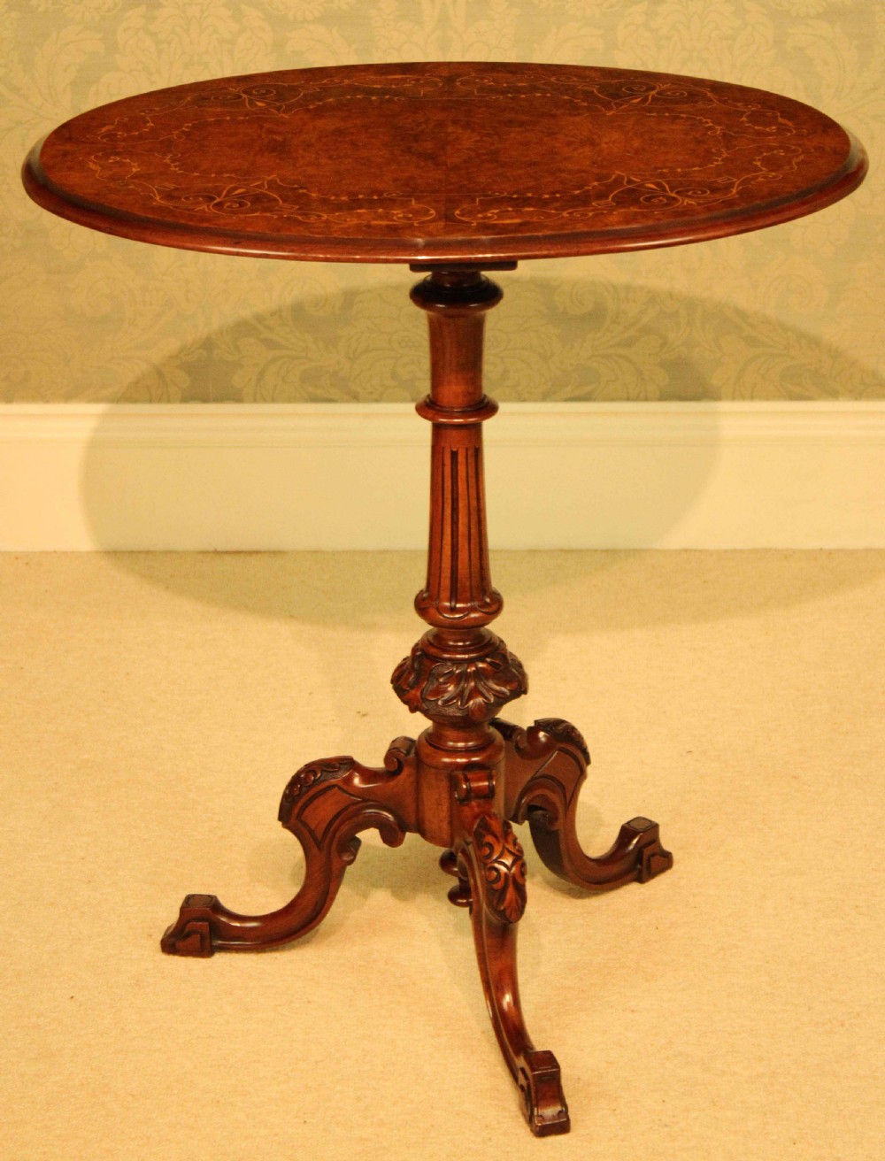 A Fine Quality Victorian Burr-Walnut Inlaid Oval Tripod Table View II