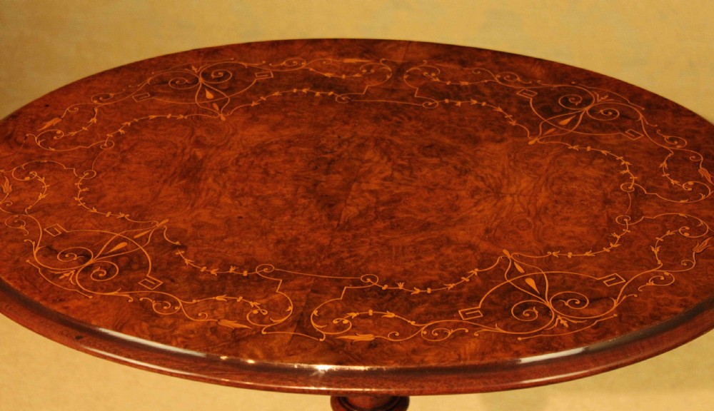 A Fine Quality Victorian Burr-Walnut Inlaid Oval Tripod Table View IX