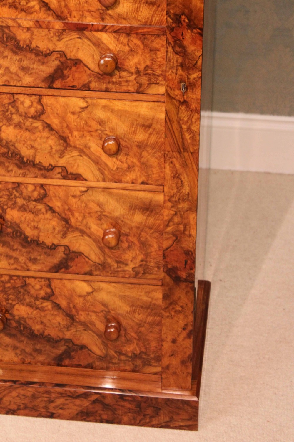 A Fine Quality Victorian Figured Burr Walnut Secretaire Wellington Chest. View III