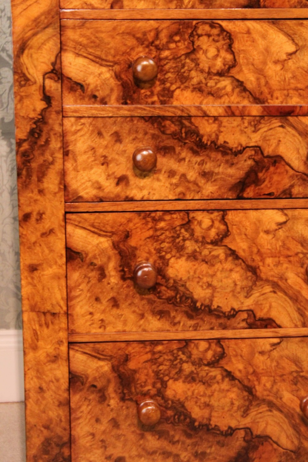A Fine Quality Victorian Figured Burr Walnut Secretaire Wellington Chest. View IV
