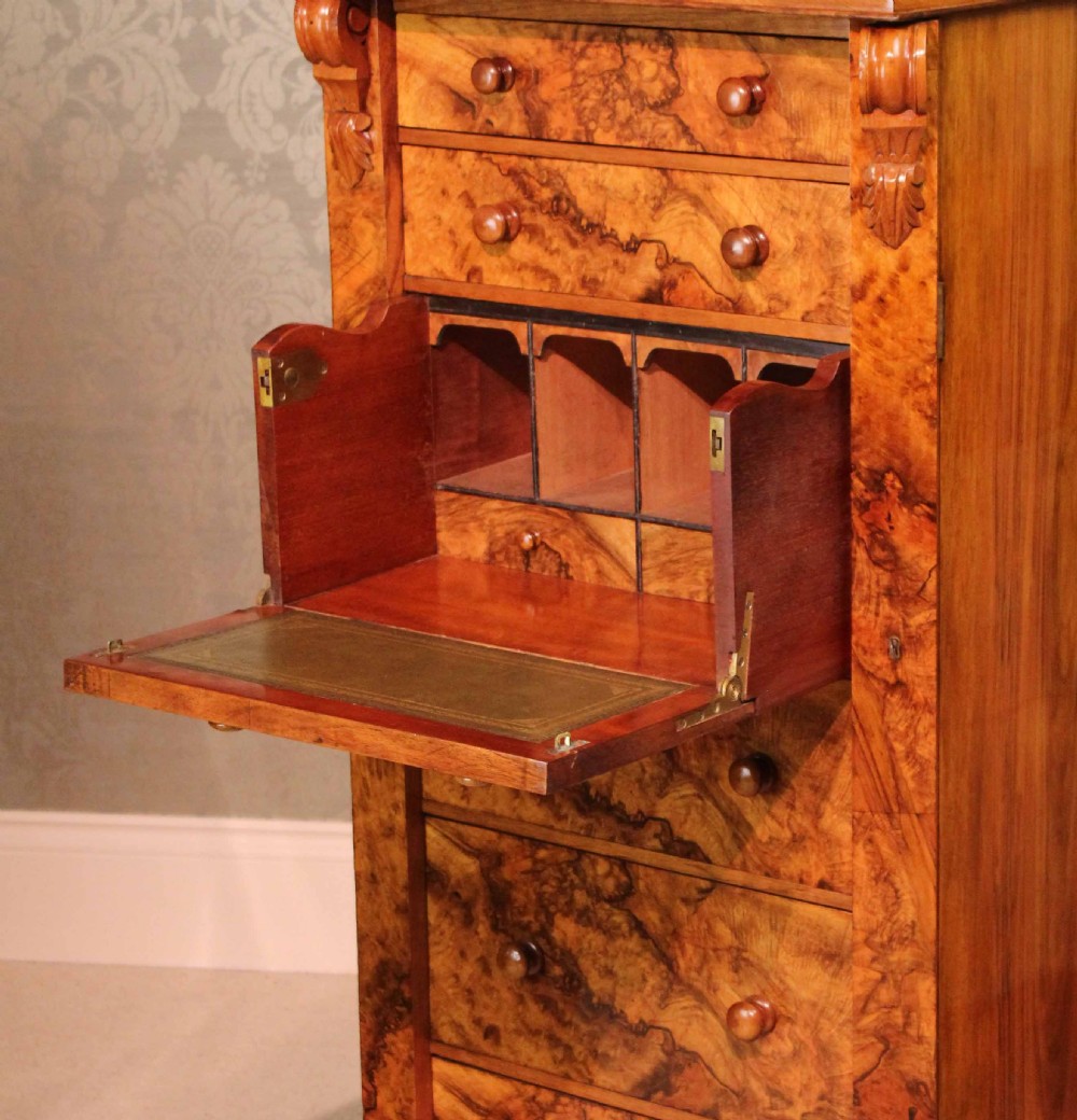 A Fine Quality Victorian Figured Burr Walnut Secretaire Wellington Chest. View VIII