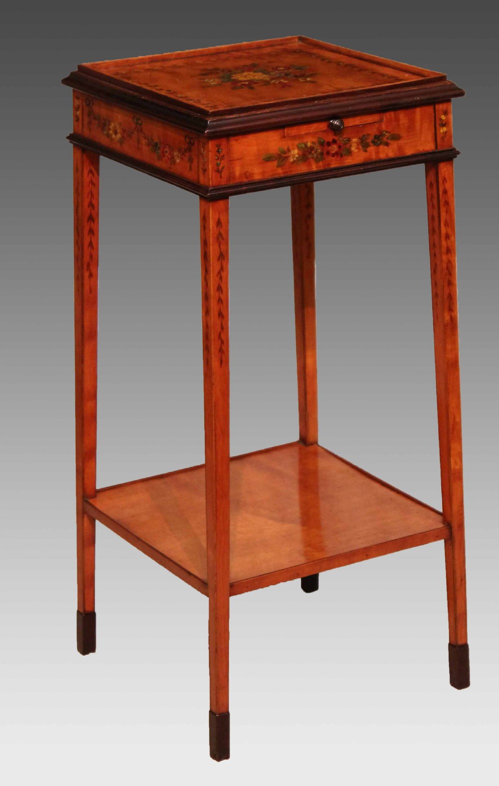 An Exhibition Quality Edwardian Mahogany Inlaid Kettle Stand With Candle Slide